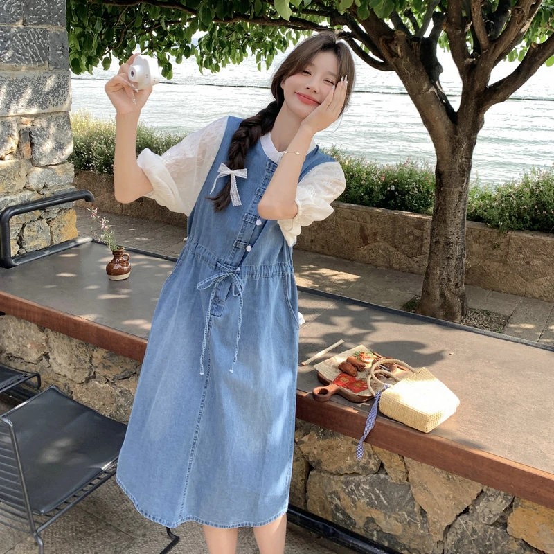 夏季短袖中袖法式牛仔宽松连衣裙复古时尚法式连衣裙显瘦小个子