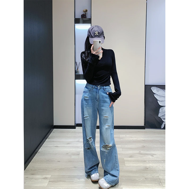 阔腿裤高腰牛仔裤直筒不拖地裤子小个子设计感春秋宽松秋季显瘦