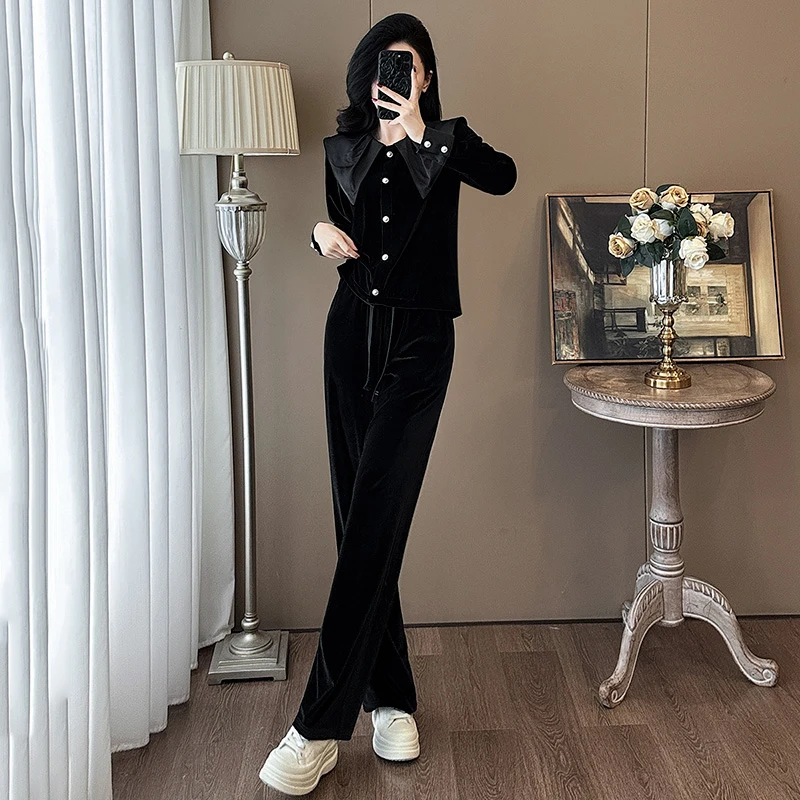 高级感小香风时尚套装女春季新款名媛气质黑色丝绒上衣阔腿裤洋气
