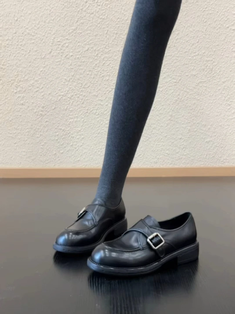 Pokoy-4.2cm复古风圆头皮带扣一脚蹬乐福鞋英伦风浅口通勤单鞋