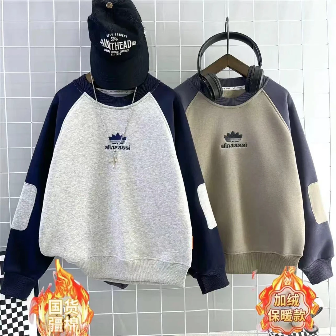 贴布设计～加厚卫衣秋冬新款一体绒中大童宽松洋气