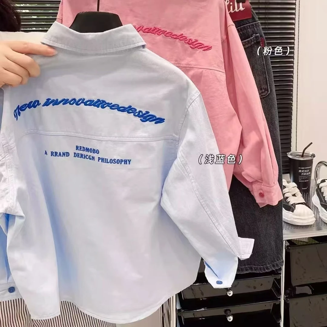 2025春秋新款男童衬衣长袖儿童衬衫帅气百搭洋气女童上衣蓝色春装