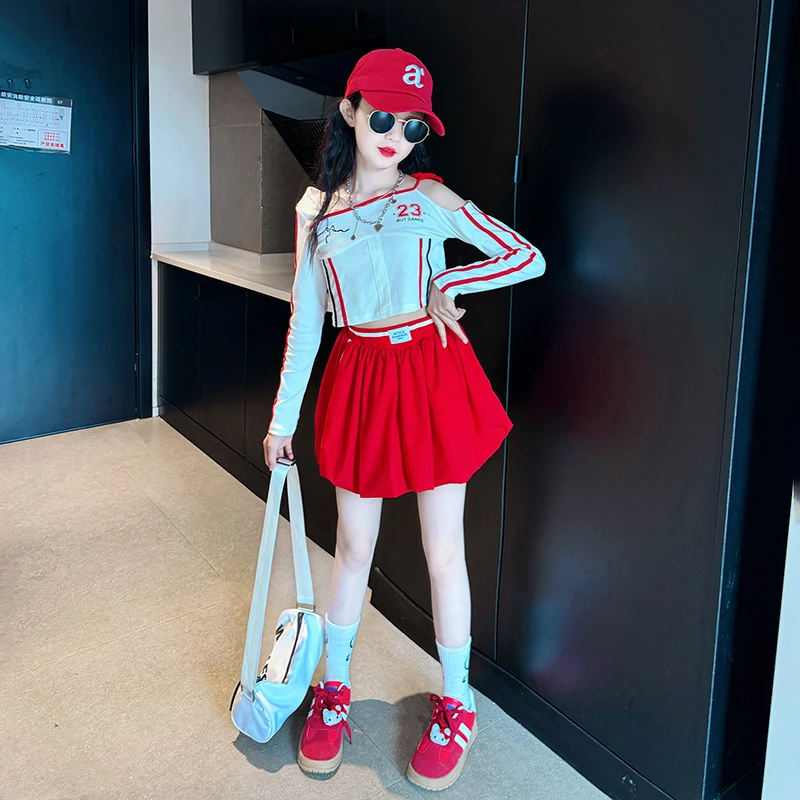 2025女童炸街潮服新款女大童夏季长袖演出衣服女孩夏装花苞裤套装