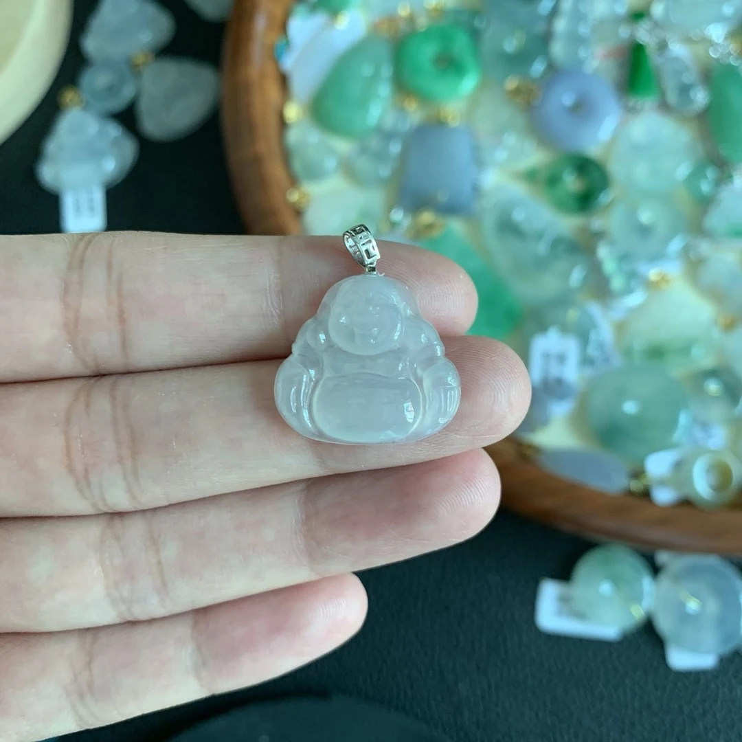 缅甸翡翠A货 18k金镶嵌冰胶纯白月光白冰迷你佛公锁骨链吊坠16*20