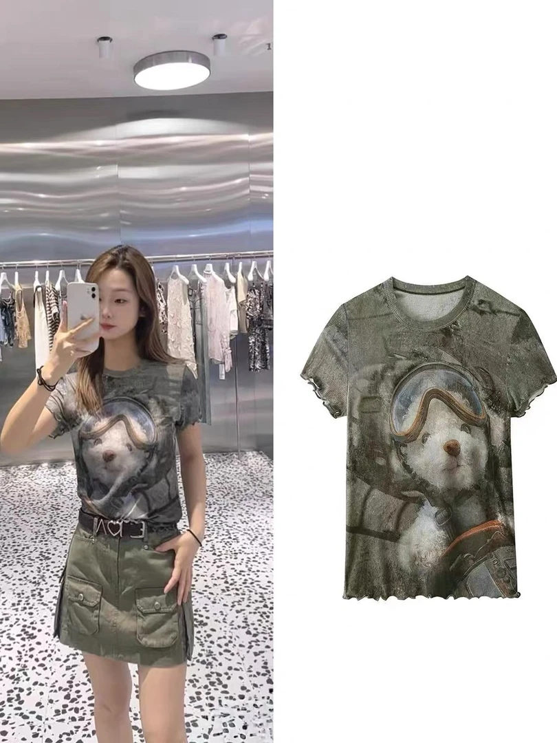 2368原单商场同款百搭时髦复古卡通小狗印花圆领短袖T恤