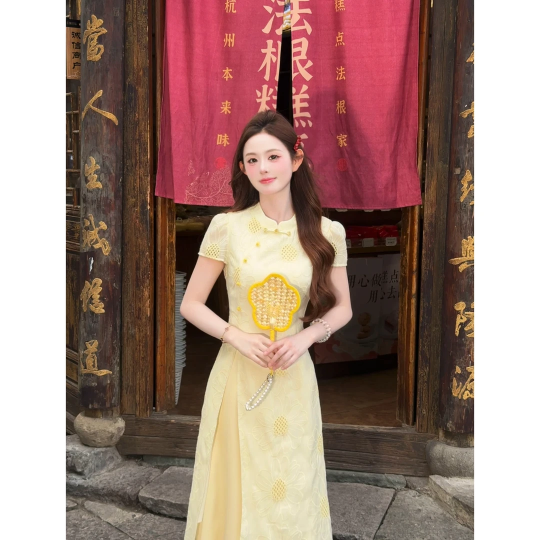 【向日葵】新中式测开叉夏季法式仙女裙女显瘦气质镂空旗袍+半身裙