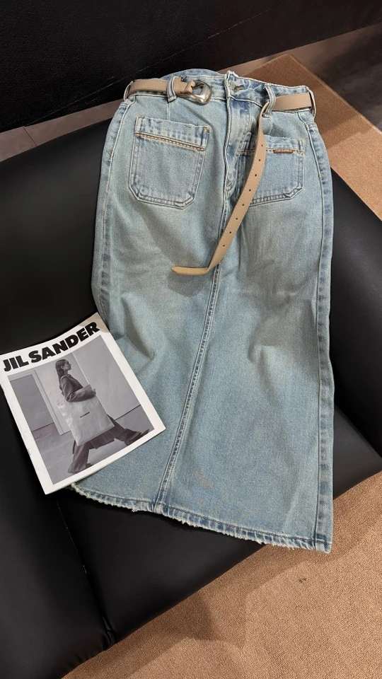 XIWEN 夏季新款高腰显瘦浅蓝色中长款牛仔半身裙