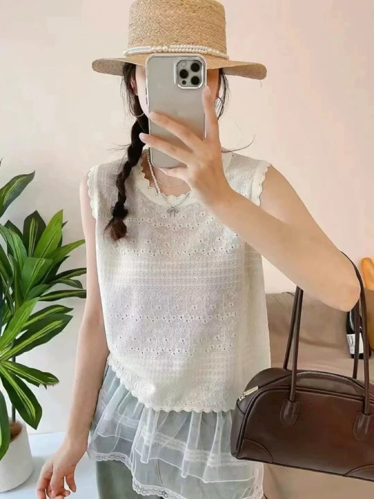 【花边打底】法式气质小香风花边圆领内搭女背心打底宽松~1789