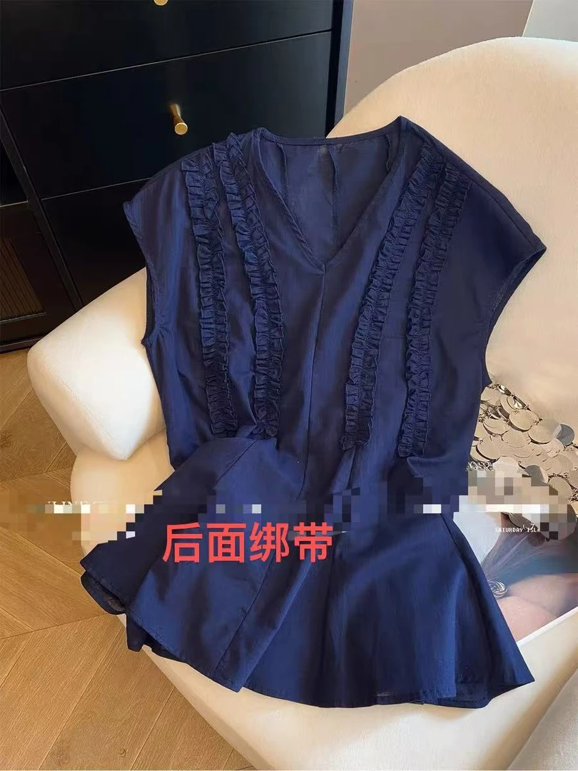 胖丫专属-8519夏季韩版宽松短袖V领木耳边收腰女时尚显瘦上衣