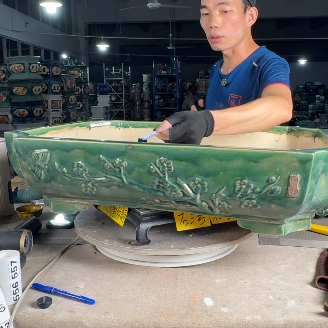 一风堂石湾花盆 内65*49*13釉裂泥子