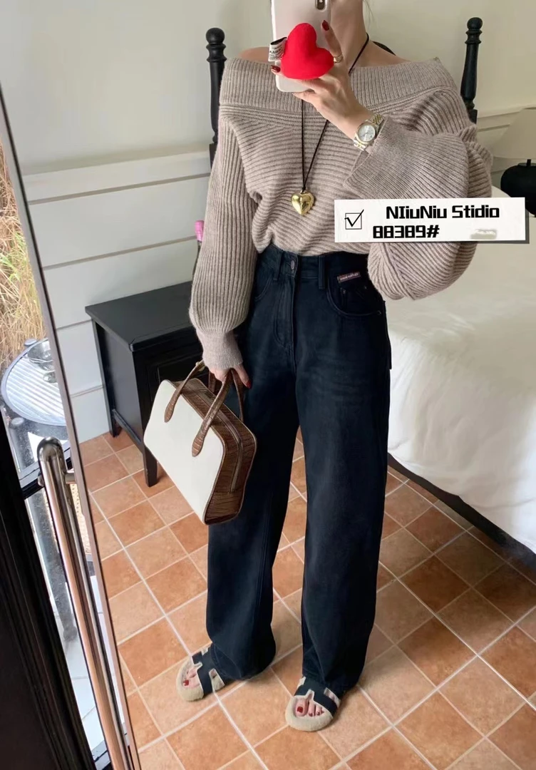 88389牛仔裤少女风水洗秋冬宽松植绒休闲长裤阔腿裤