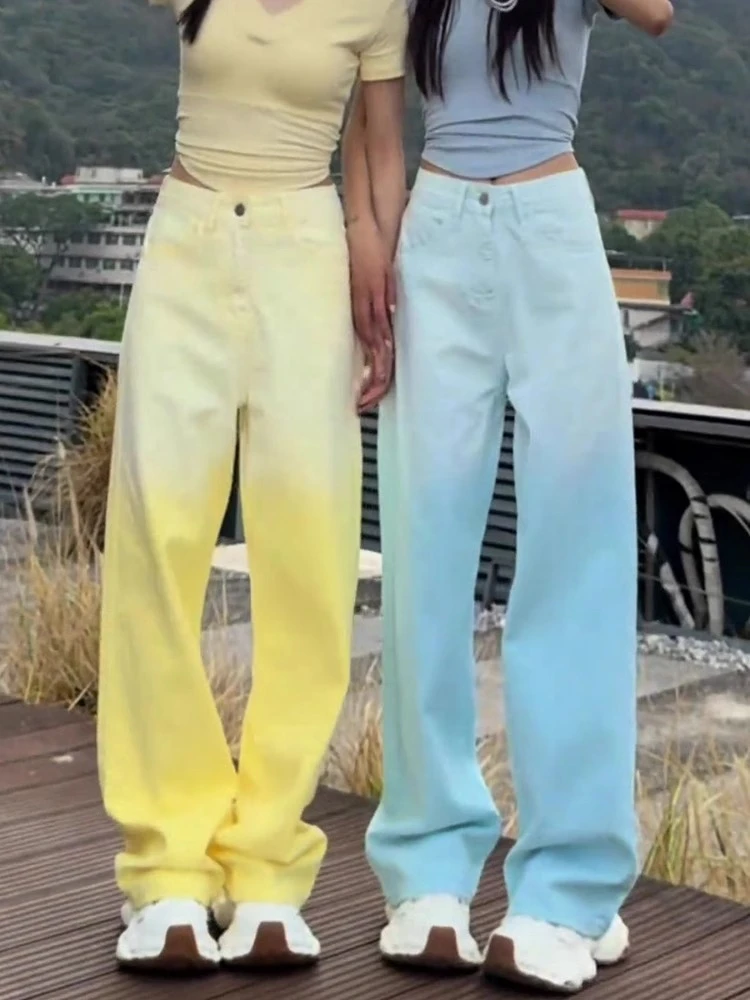 2025夏款大码女装渐变宽松阔腿牛仔裤梨形身材显瘦高腰弯刀拖地裤