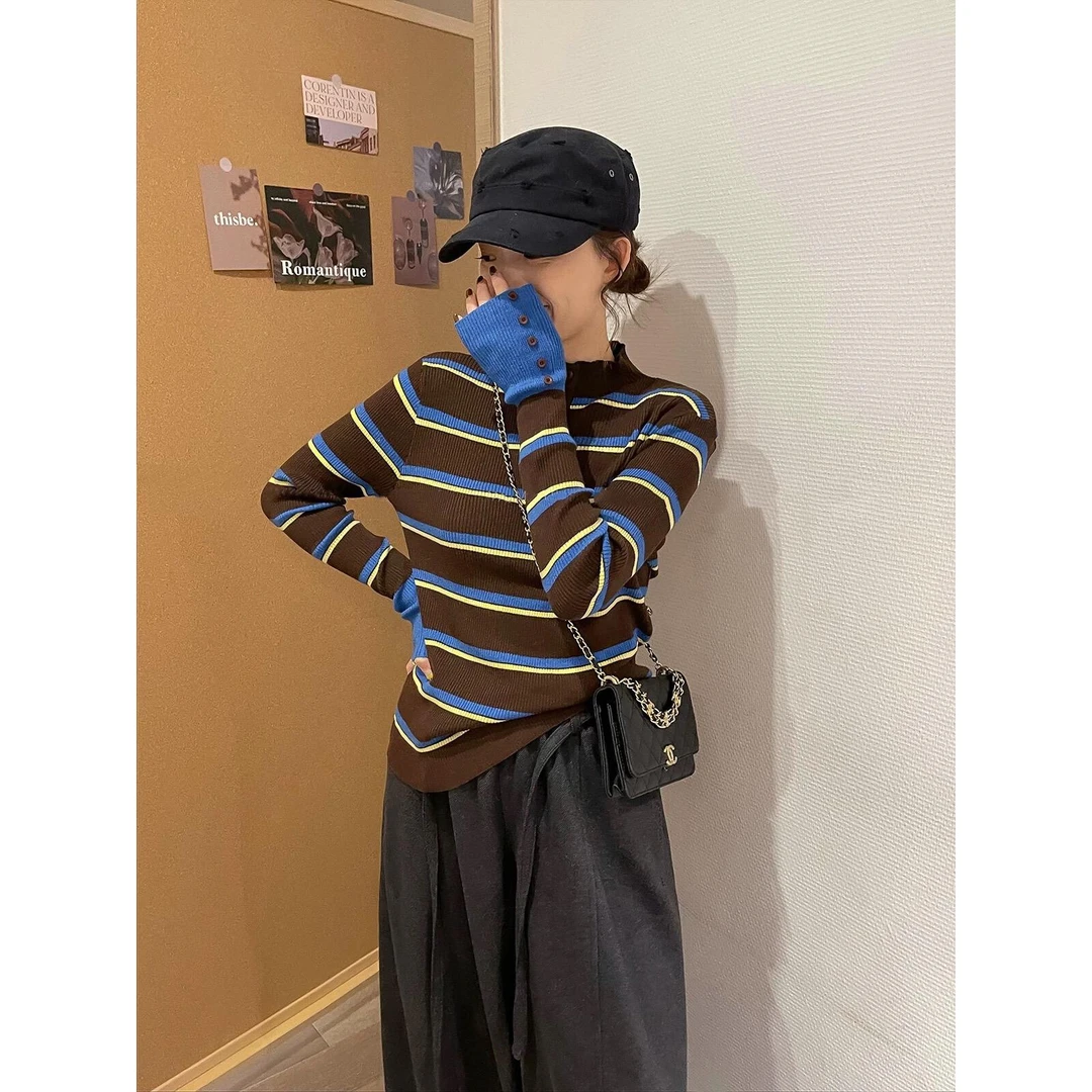 美拉德复古港风撞色条纹长袖针织衫秋冬新款休闲百搭半高领毛衣女