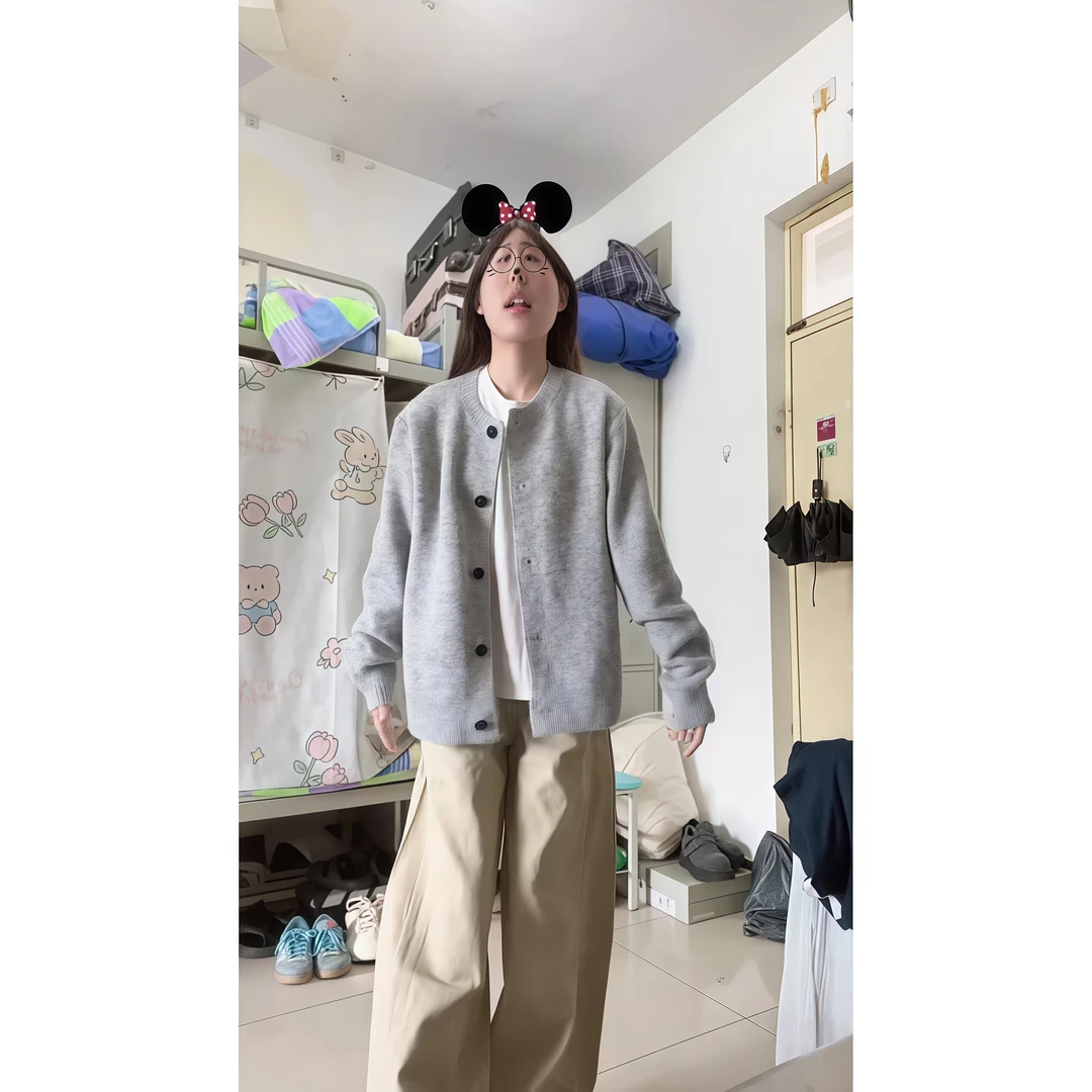 韩系休闲风软糯灰色针织开衫女秋冬2025新款慵懒高级感宽松阔腿裤