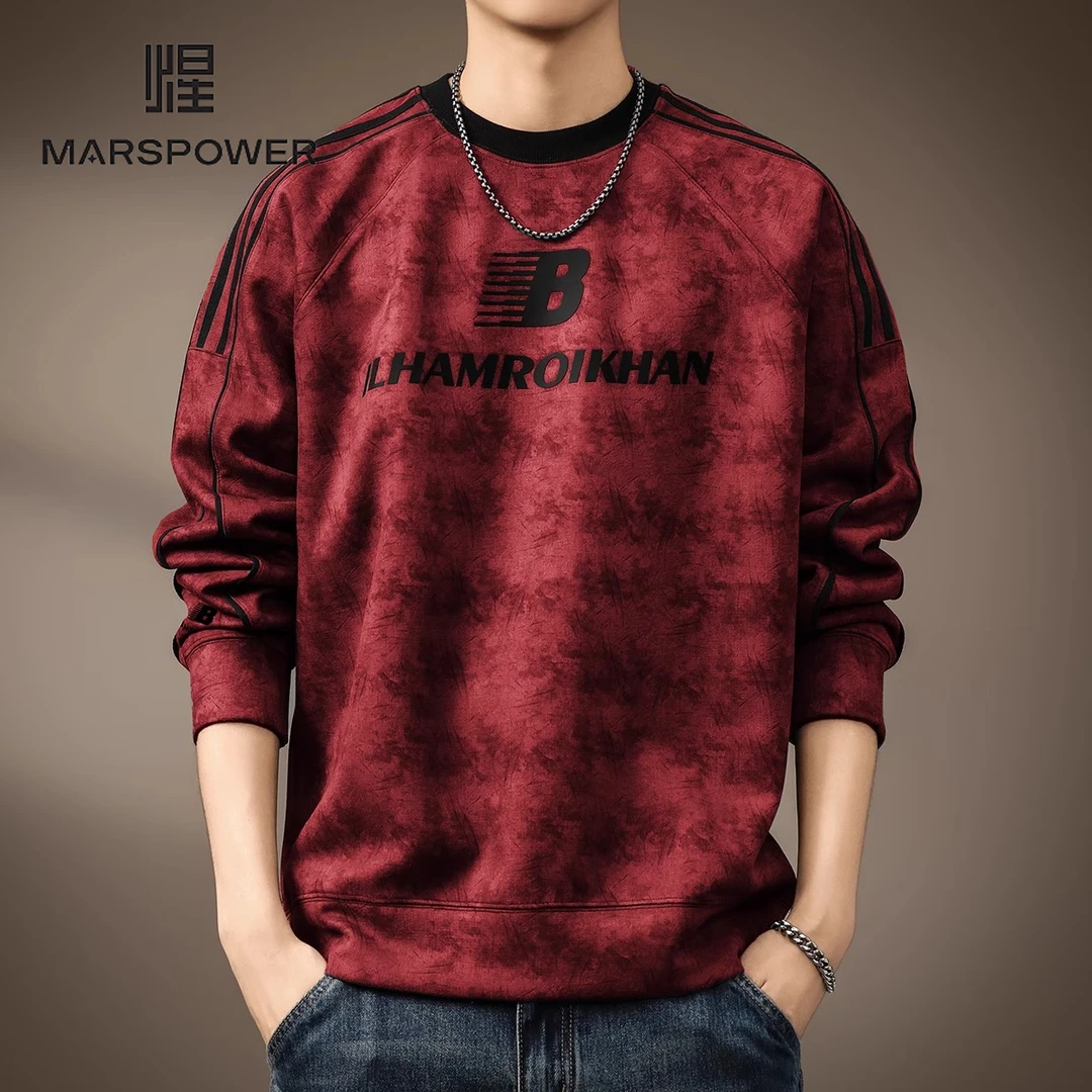 Cebrodz高端满印花插肩卫衣男士春季重磅宽松条纹红色休闲外套