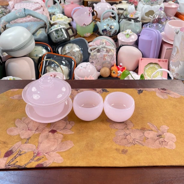 冰透粉琉璃三才盖碗女士功夫茶碗