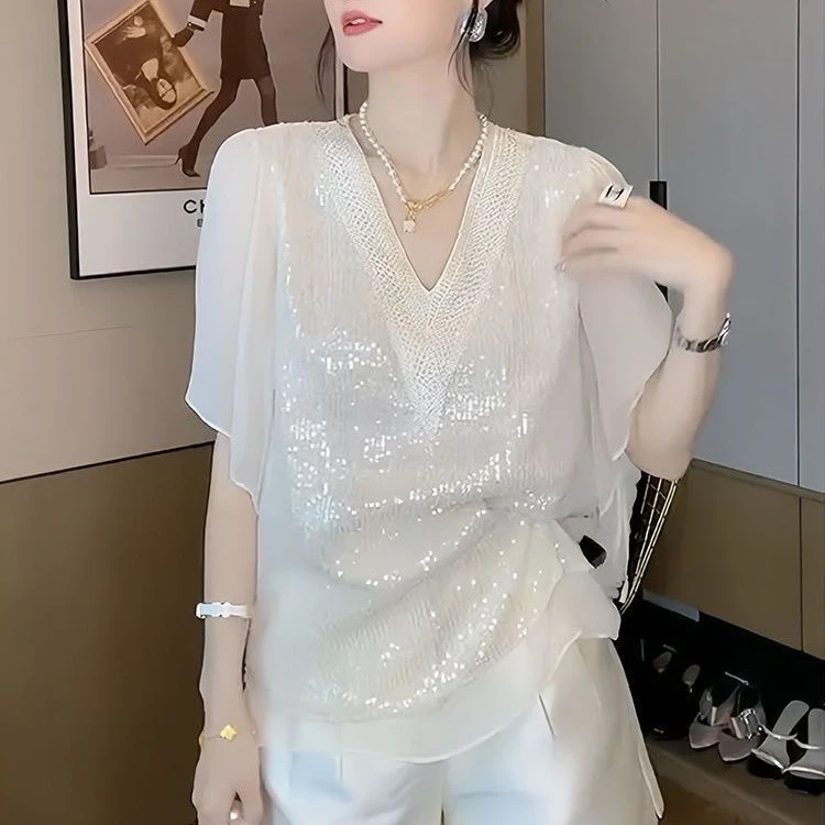 大码300斤时尚套装女夏季设计感亮片V领短袖上衣+短裤显瘦两件套