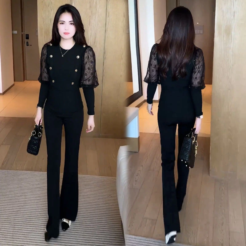 拉夏贝尔时尚套装女2025秋款小香风拼接长袖上衣喇叭裤两件套