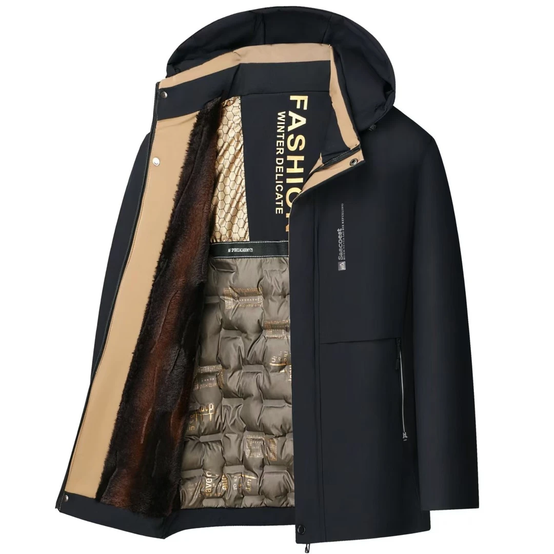 男士中长款黑金派克服棉袄中老年冬装外套加绒加厚