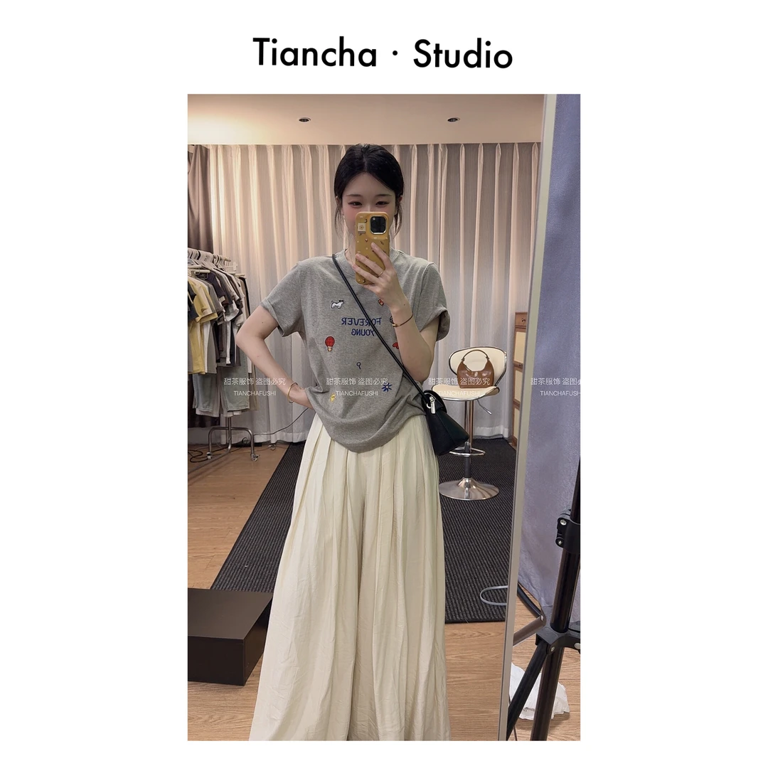 sweet c【小乐园】M242#韩版风正肩刺绣短袖T恤女百搭时尚上衣