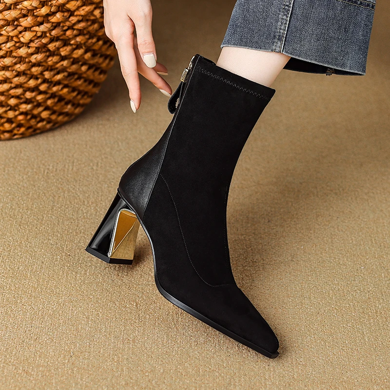 7.5cm尖头高跟短靴女秋冬黑色显瘦弹力瘦瘦靴粗跟女靴气质袜靴