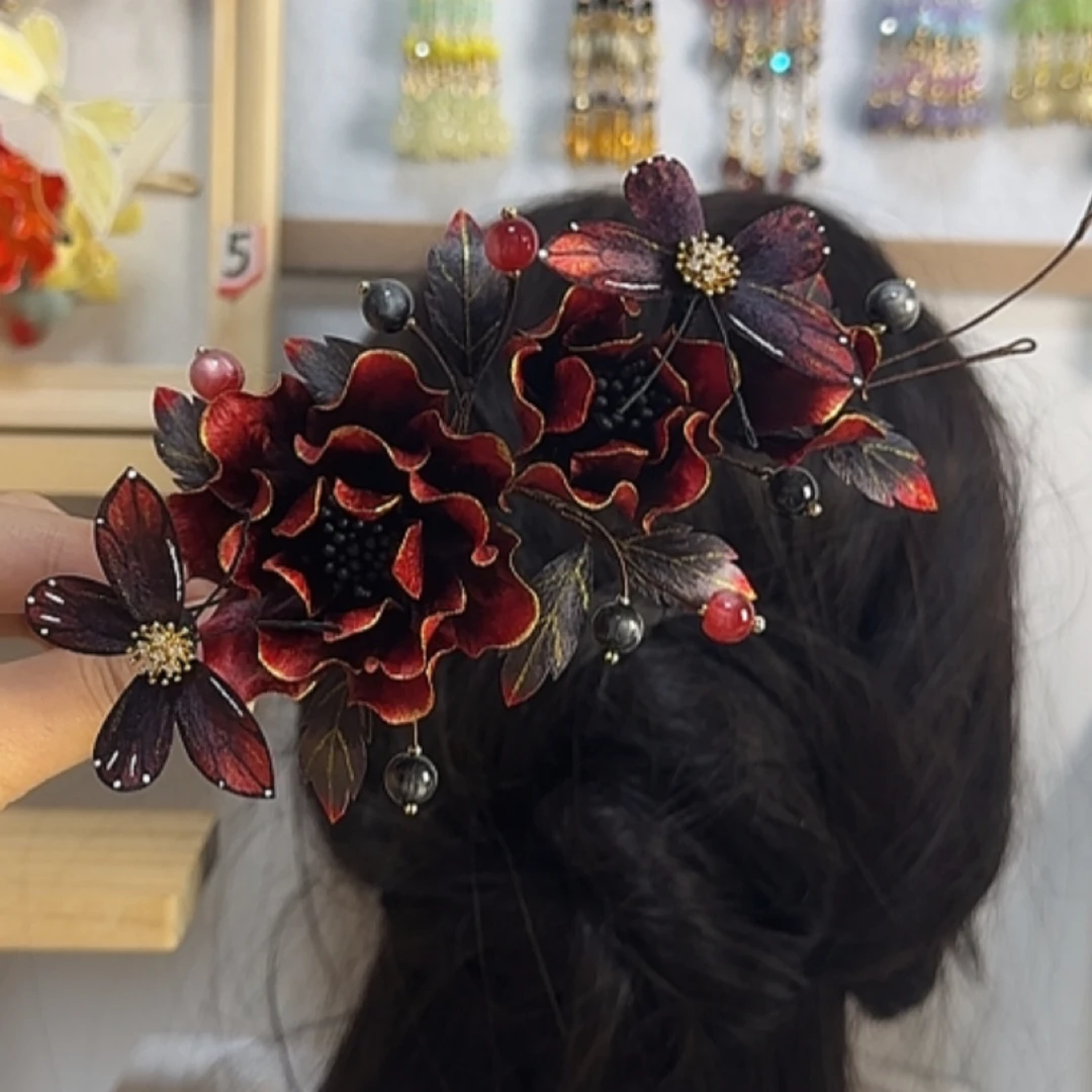 霁月绒花  黑红牡丹双蝶非遗绒花国风汉服