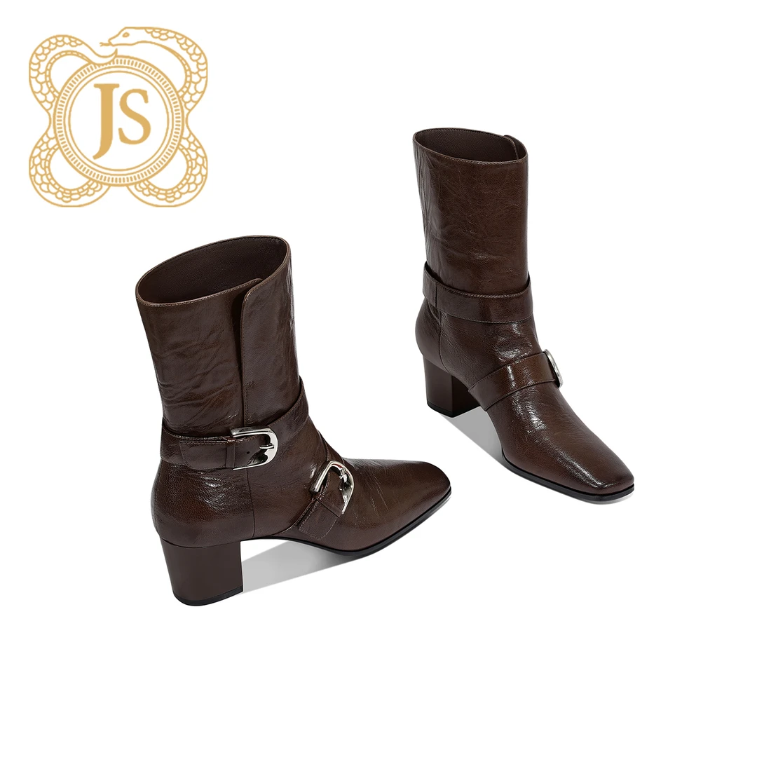 已开价，1073X8584真皮复古高跟中筒尖头时尚欧美方头粗跟时装靴