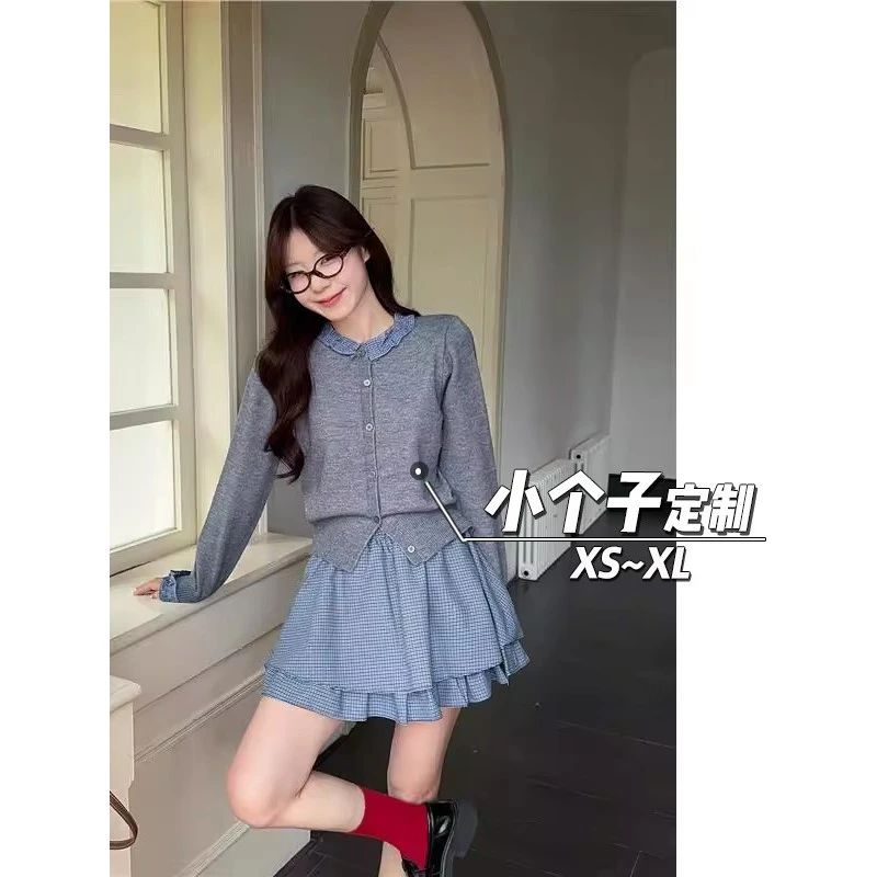 高腰格纹蓬蓬半身裙女秋150小矮个子木耳边长袖针织衫学院风套装