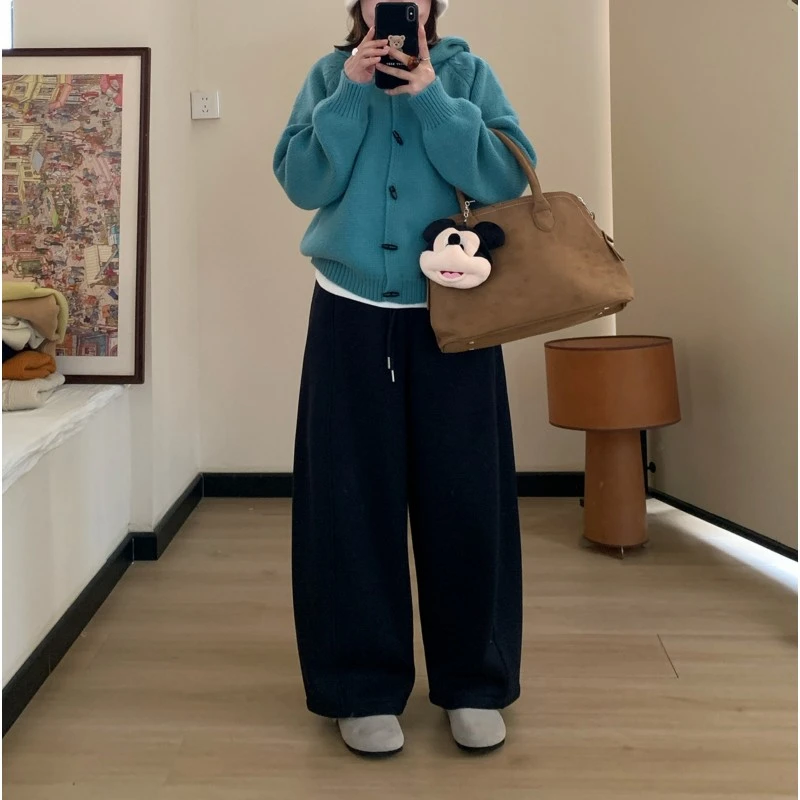 大码冬季款加绒慵懒垂感阔腿裤女梨形身材高腰宽松显瘦九分休闲裤