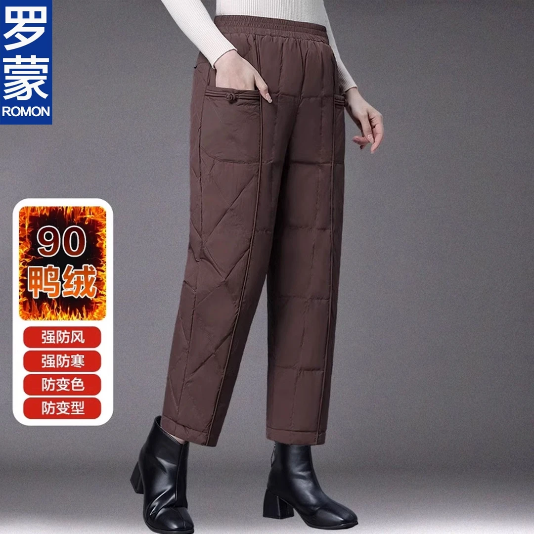 罗蒙品牌中年妈妈冬季羽绒裤高腰外穿女中老年加厚直筒棉裤子新款