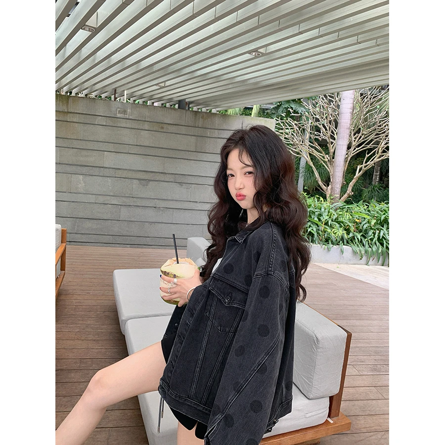 张贝贝 伦敦旧港 100棉 复古港风波点牛仔外套