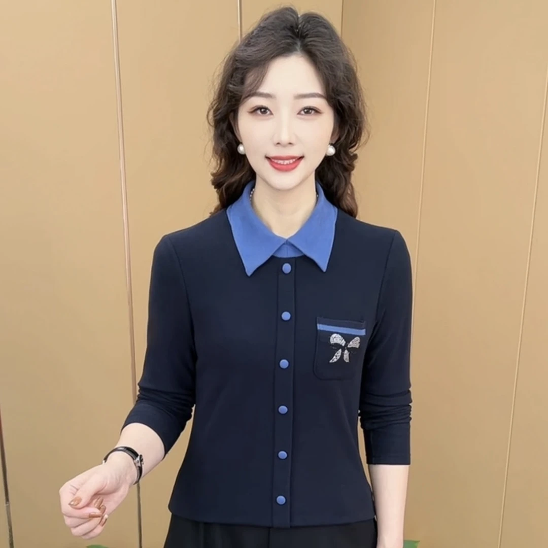 秋冬新款时尚翻领双面绒保暖百搭打底衫减龄休闲显瘦妈妈装K6817