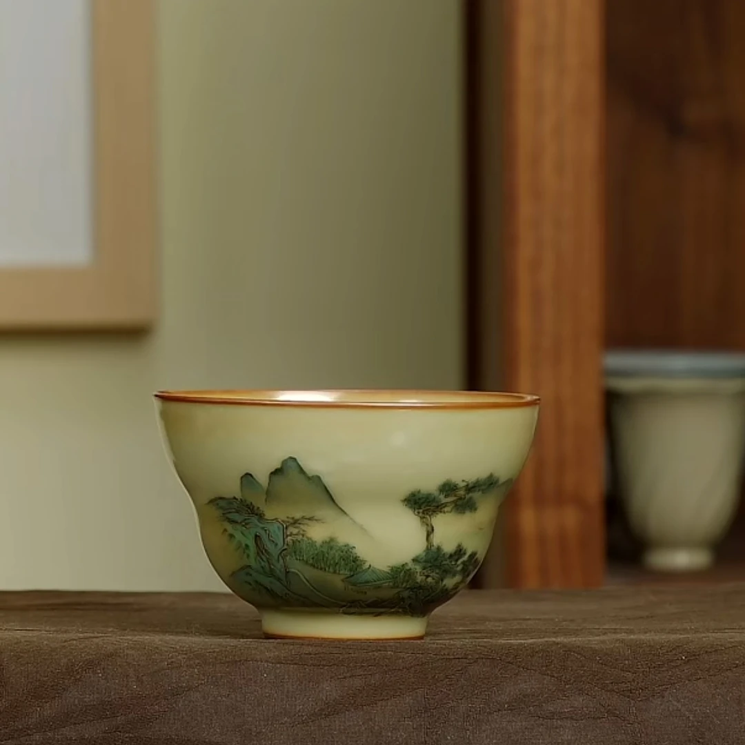 柴窑手绘山水茶杯葫芦杯主人杯家用品茗杯复古功夫茶具谢小金先生
