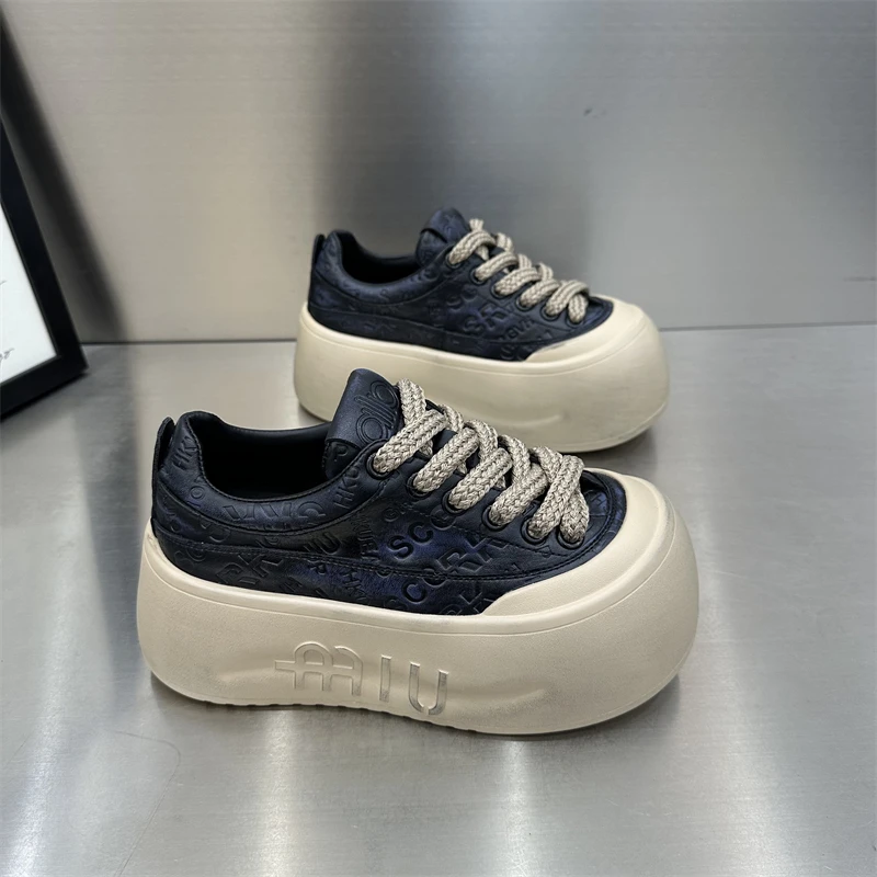 女士时尚百搭复古春季小众厚底白鞋韩版圆头系带ins鞋子潮流潮鞋