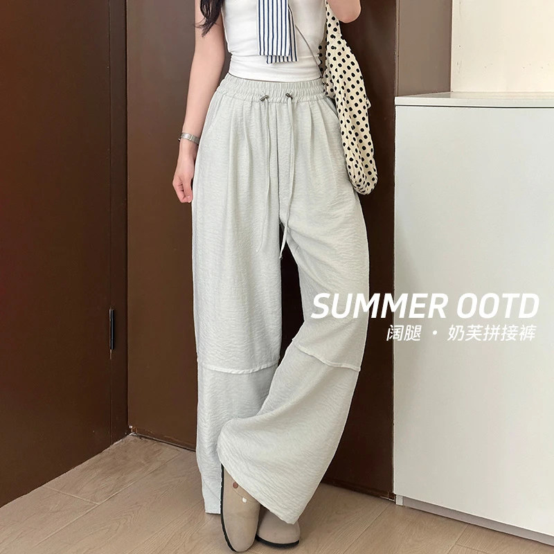 复古拼接休闲裤女2025夏季新款阔腿宽松显瘦直筒裤