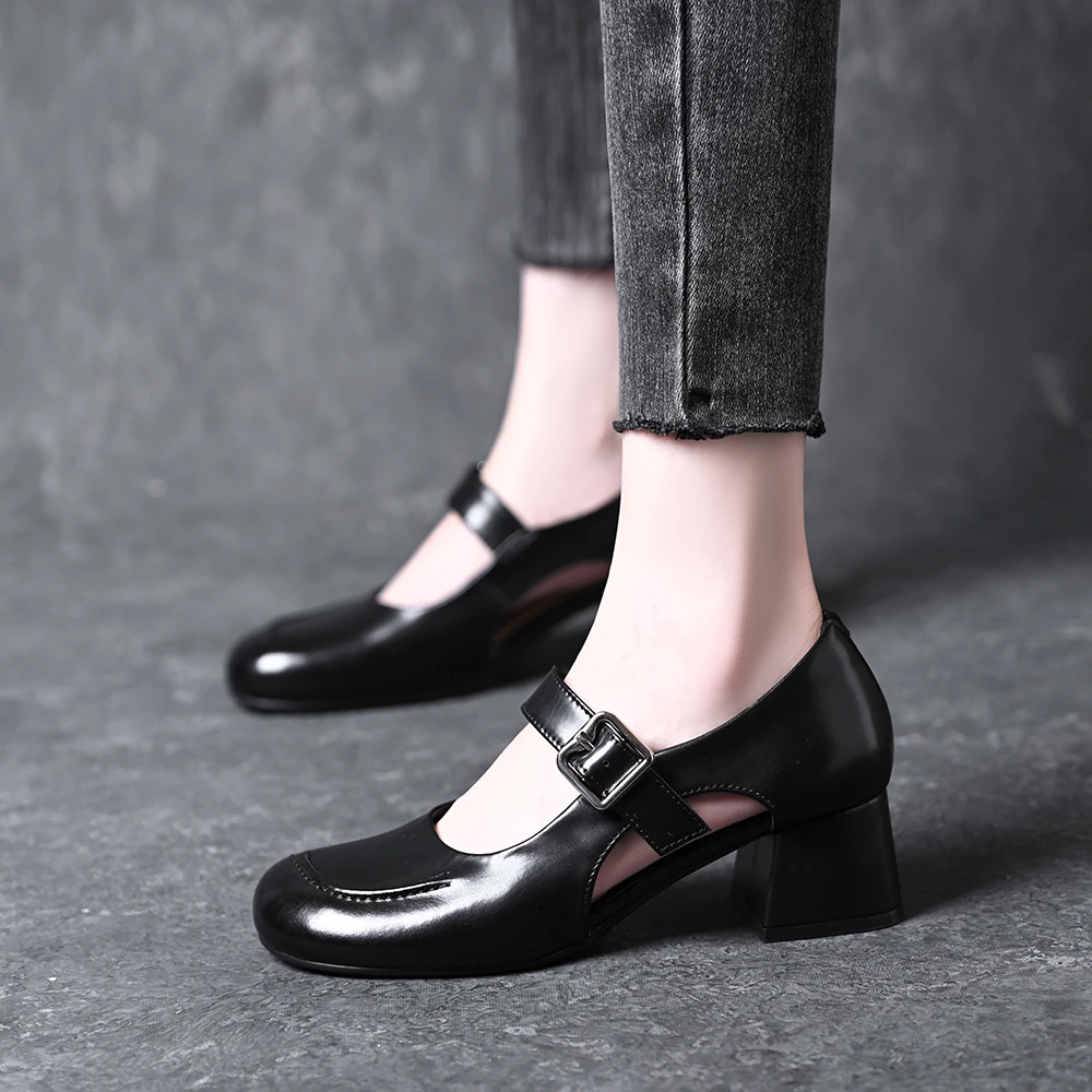 2025新款英伦风法式时尚百搭中跟圆头浅口镂空一字带单鞋女