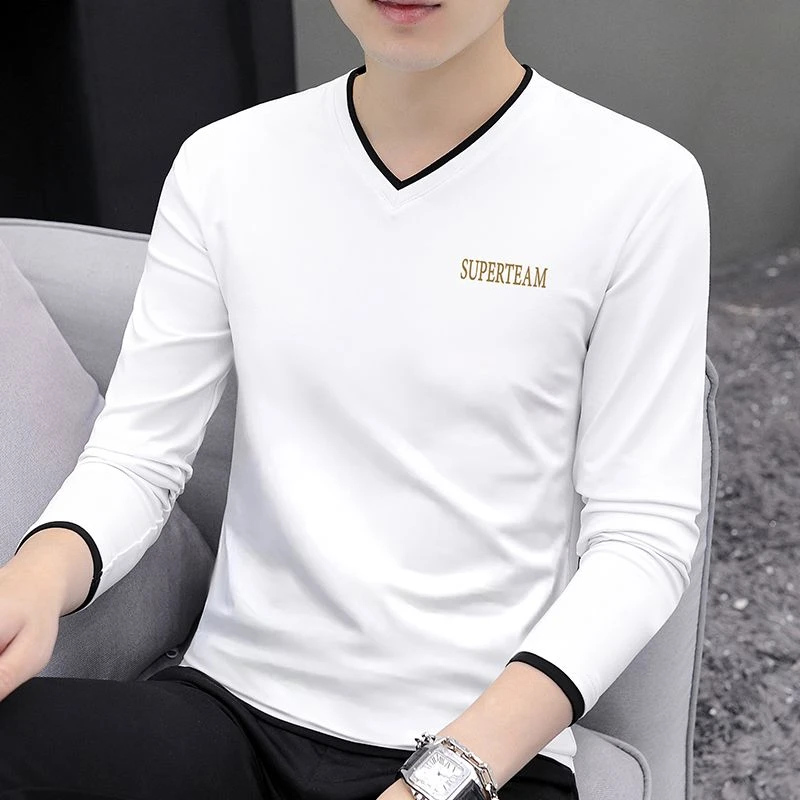 春秋新款时尚潮流印花长袖t恤男士v领秋衣打底衫上衣内搭秋装衣服