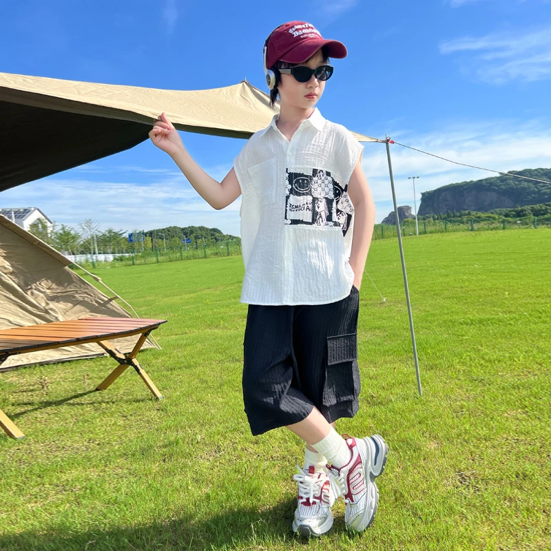 童装男童夏装套装2025新款男孩夏季休闲衬衫儿童夏款无袖中大童潮