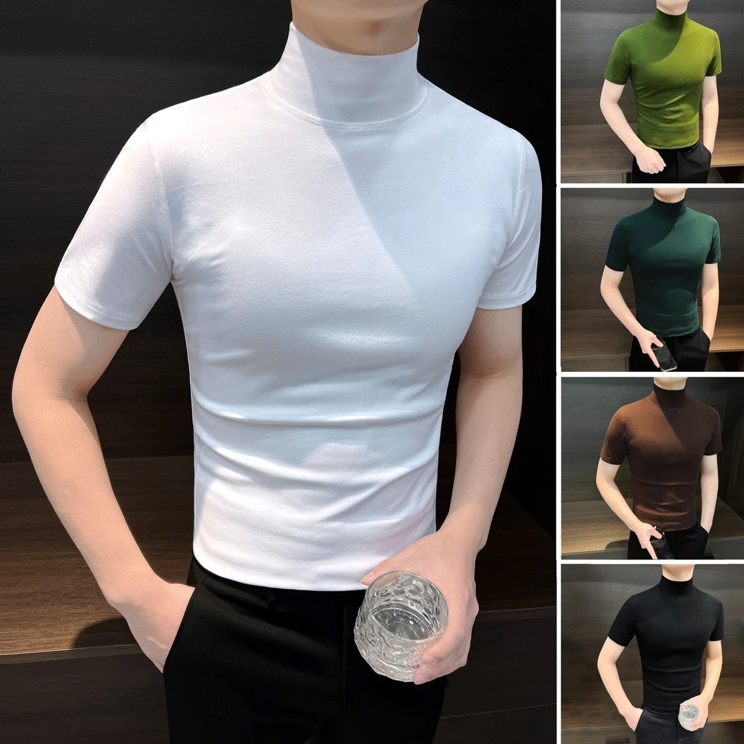 半高领男士短袖T恤2025新款爆款秋款潮流内搭修身中领男士打底衫
