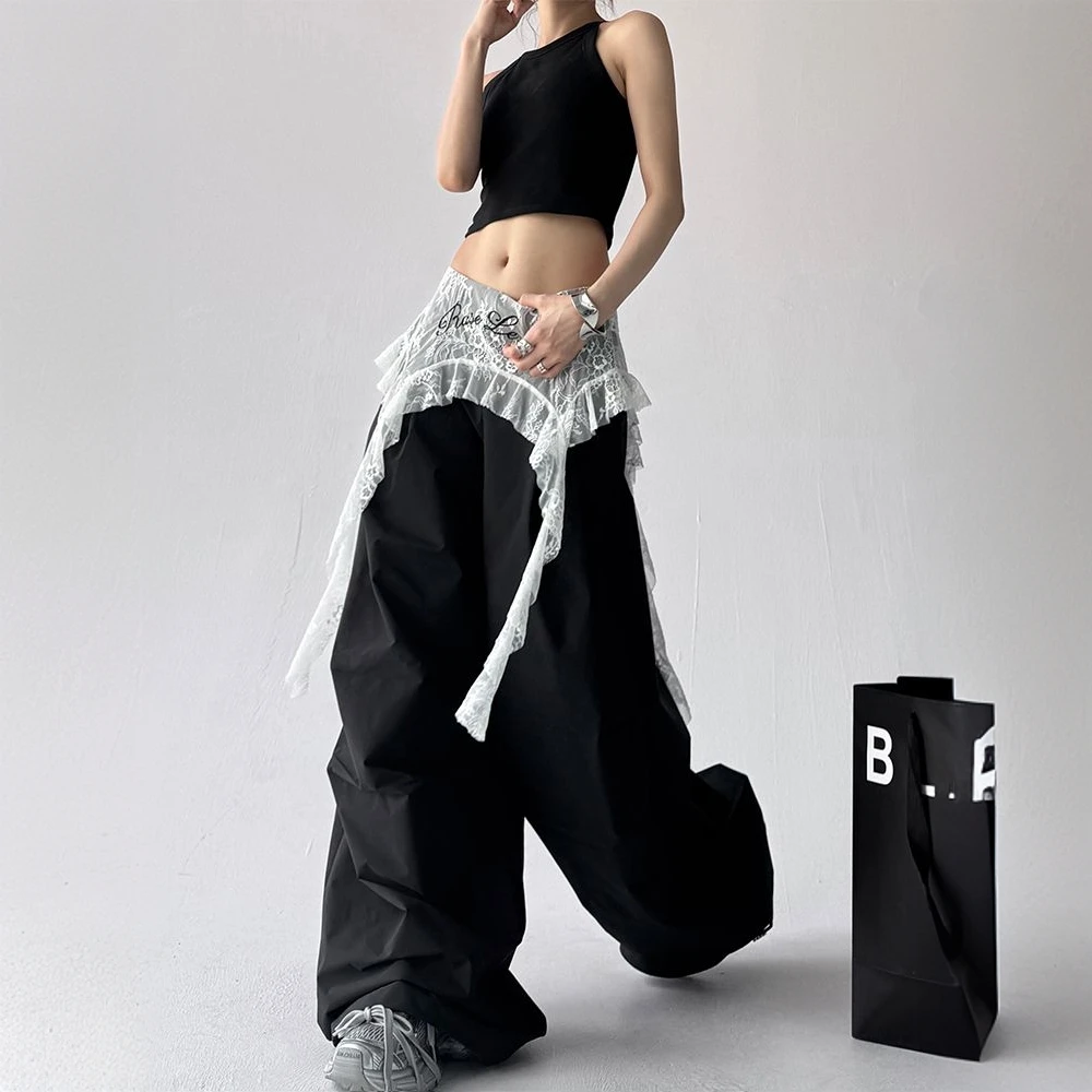美式辣妹风蕾丝拼接假两件阔腿工装裤女春季时尚宽松休闲直筒长裤