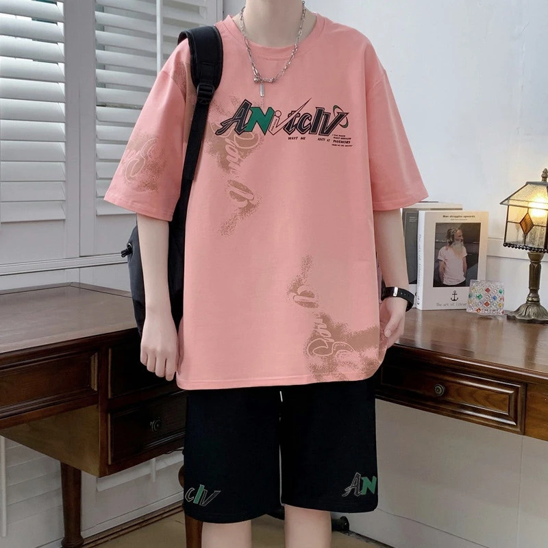 夏季全棉短袖t恤套装新款休闲印花两件套潮流运动青少年情侣夏装