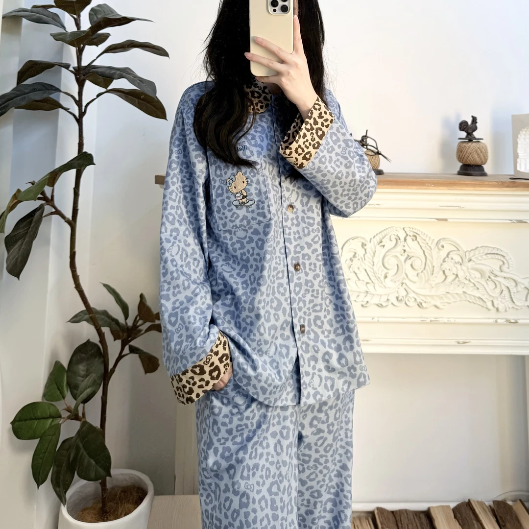 懒宅黑皮长袖长裤豹纹HelloKitty天丝棉套装可外穿家居服睡衣.