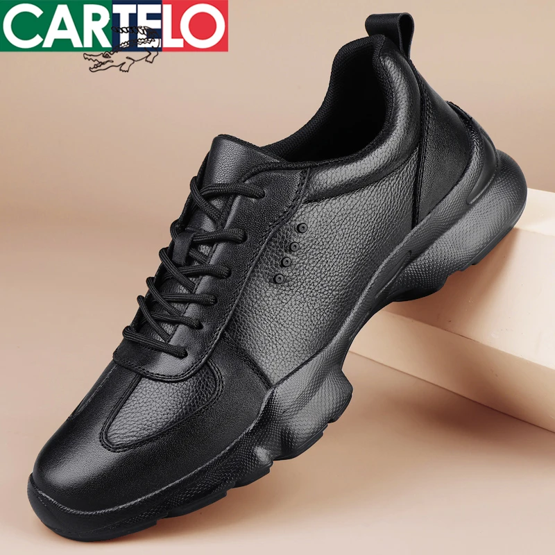 CARTELO/卡帝乐鳄鱼素面健步鞋透气中跟时尚休闲鞋圆头防滑皮鞋男