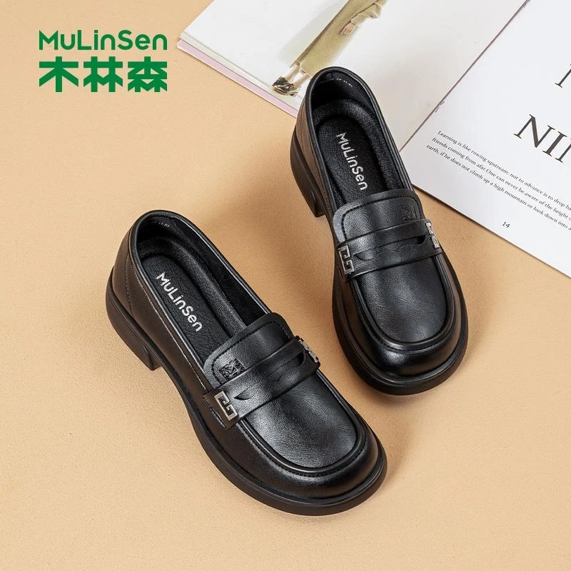 木林森女鞋皮鞋女真皮春季新款一脚蹬乐福鞋防滑增高休闲小皮鞋女