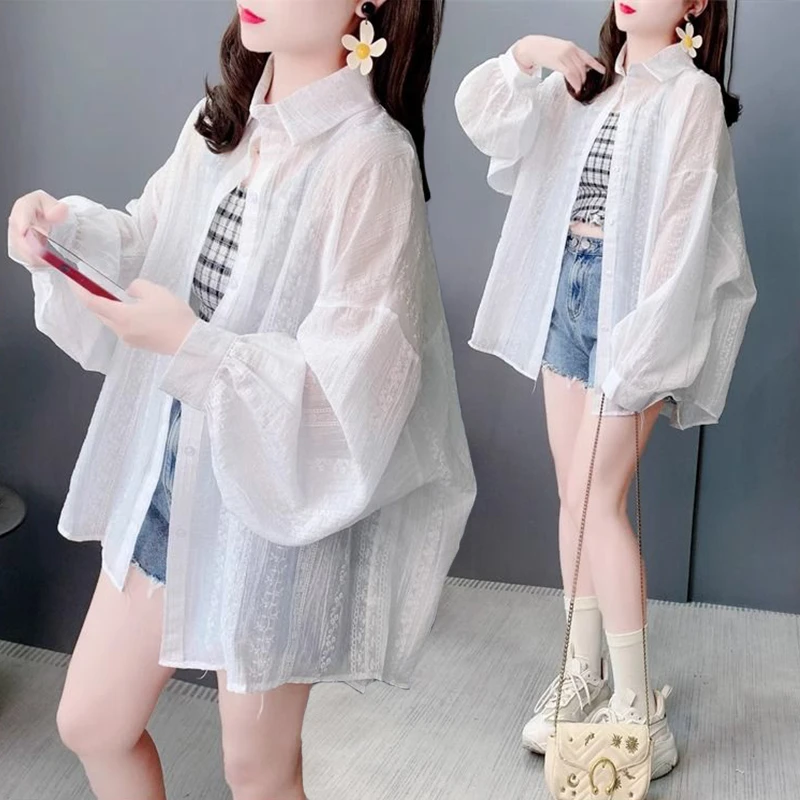 大码女装设计感薄款防晒衬衫女夏季新款韩版宽松透气长袖外穿衬衣