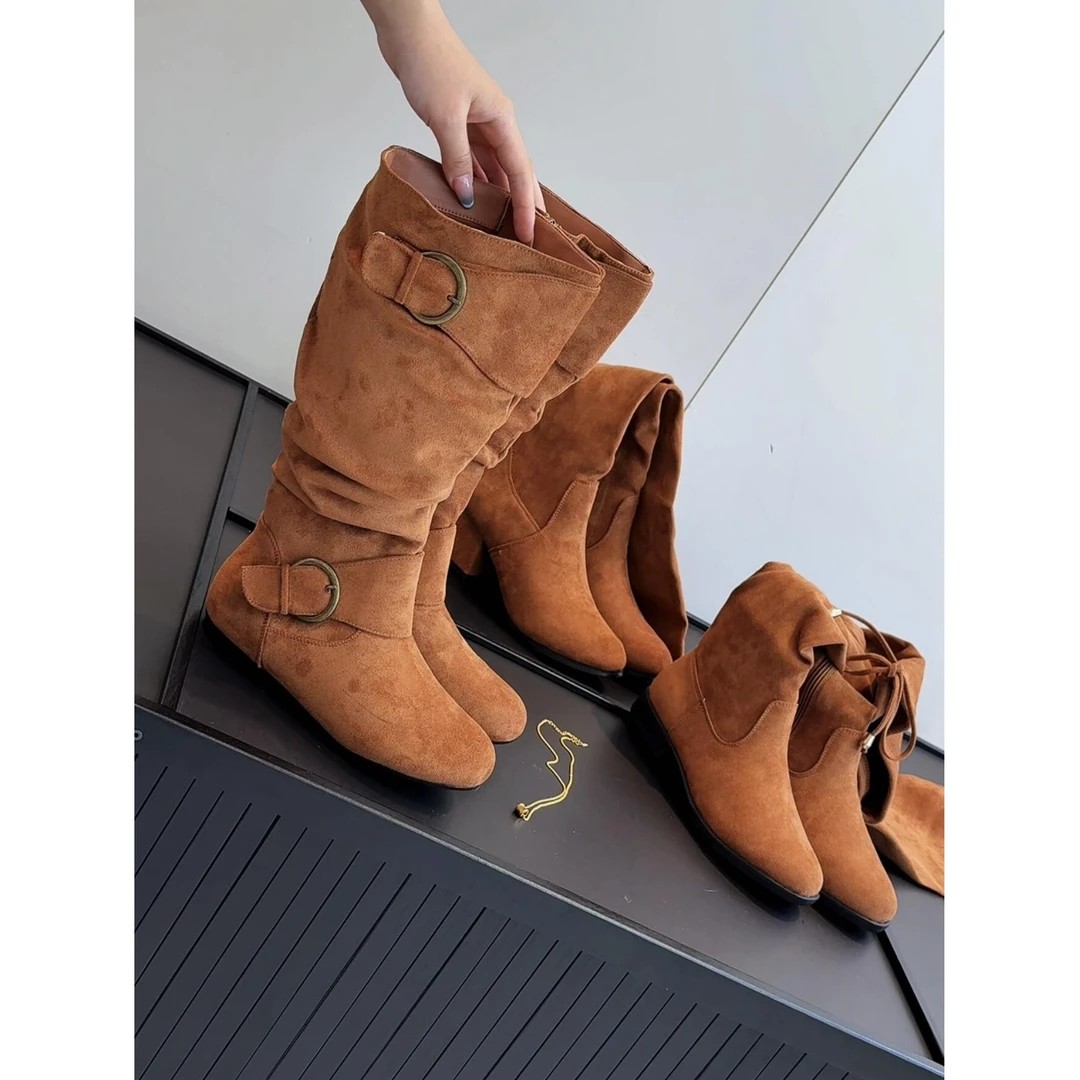 捡漏~出口外单时尚显瘦秋冬绒布长筒靴高筒及膝长靴女