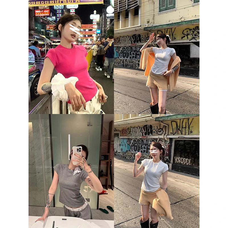 MosesQueen/魔西女王 插肩短袖T恤修身收腰简约百搭上衣圆领女装