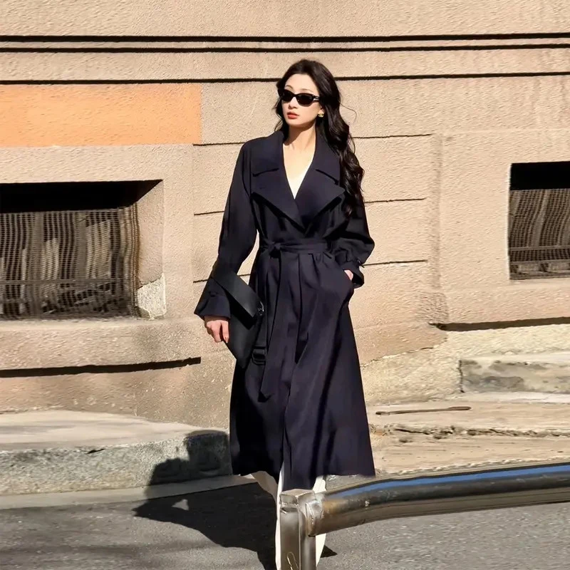 【薄雾清晨】风衣外套女中长款2025秋季时尚气质中长款宽松系带大衣