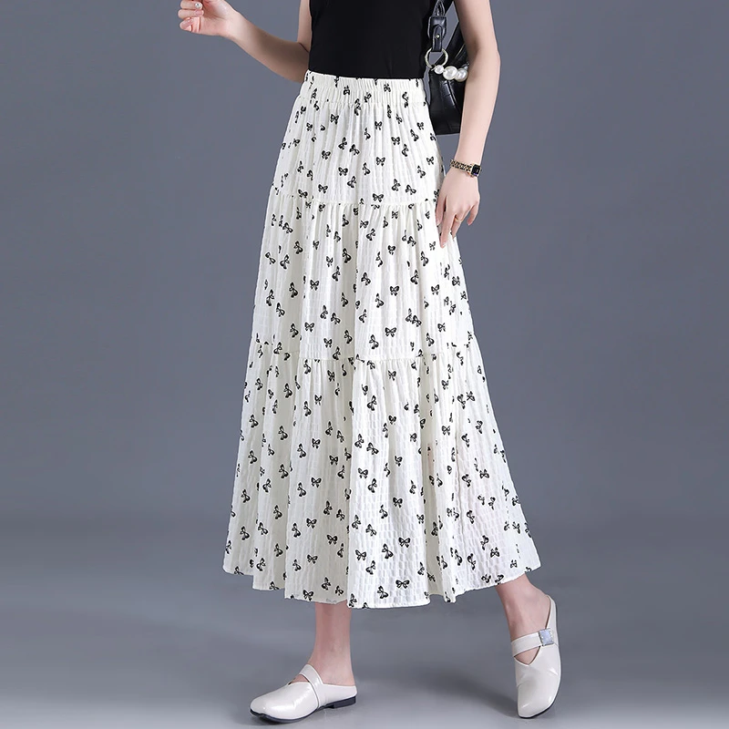 拉夏贝尔褶皱荷叶边雪纺碎花大摆裙2025夏季新款高腰显瘦半身裙女