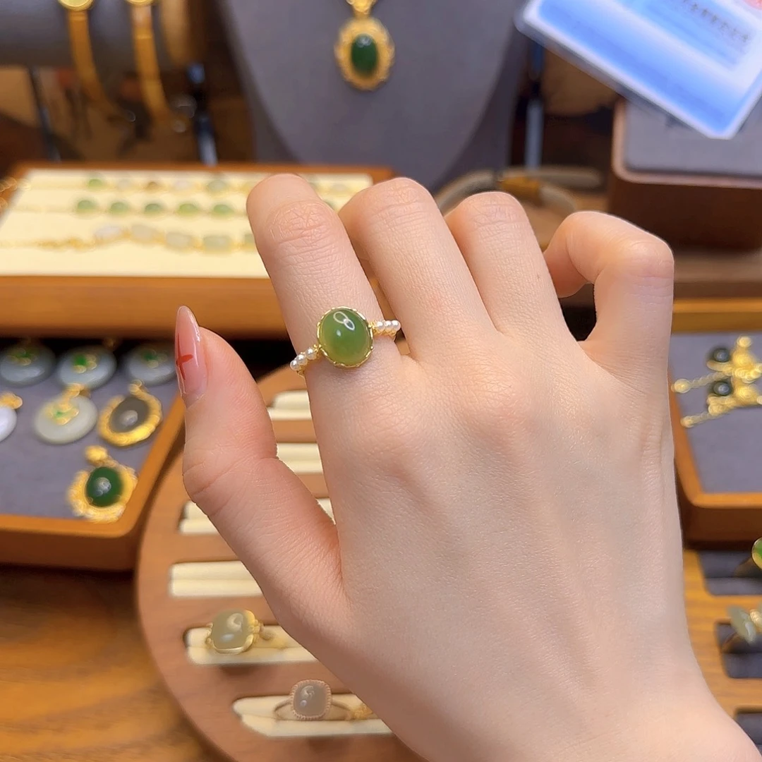 和田玉戒指银S925镀金镶嵌